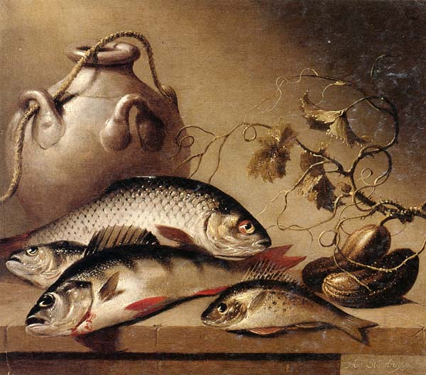 Still life of freshwater fish,together with an earthenware pot and ghrkins,upon a stone ledge